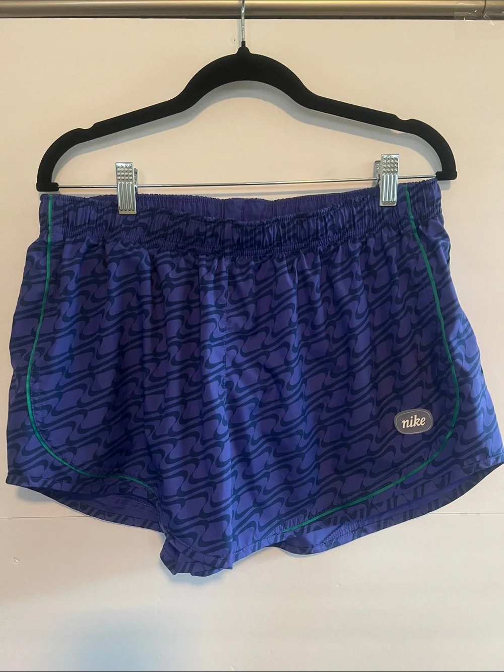Nike Women’s Dri-Fit Blue-Purple Patterned Athletic Shorts with Green Trim,  XL